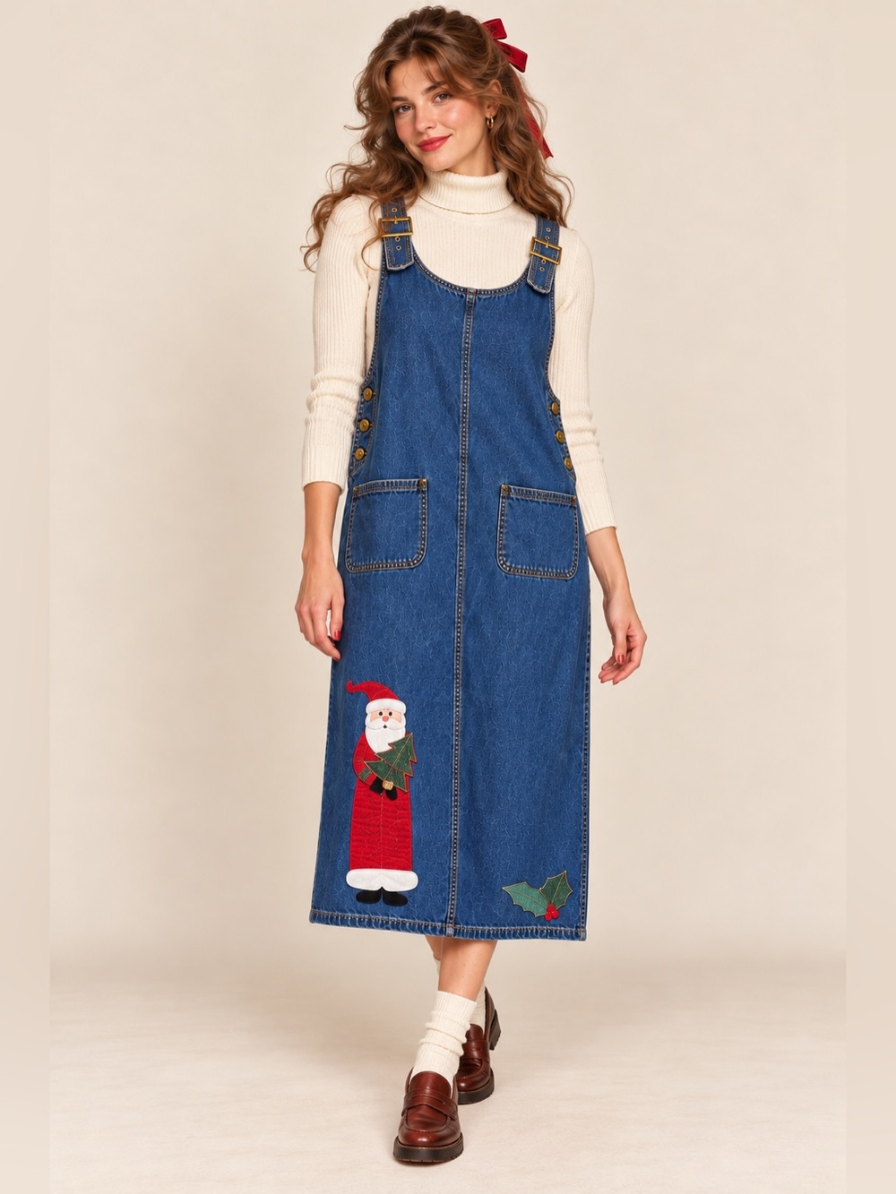Vintage 90s Denim Christmas Jumper Dress M Santa Applique Holiday Cottagecore